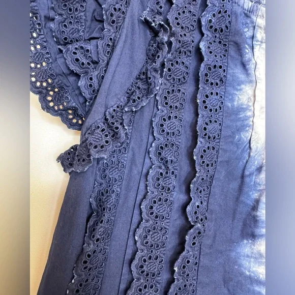 SEA New York "Evelyn" cotton tie dye blouse top XS blue white eylet lace ruffles - Picture 7 of 9